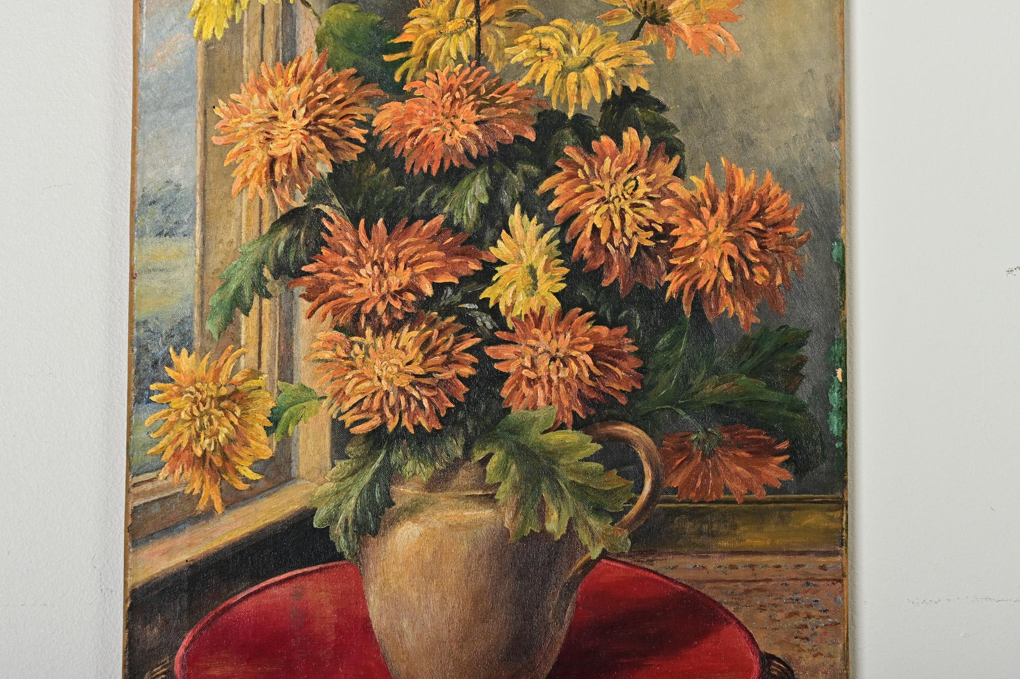 Vintage Signed English Oil Painting of Chrysanthemums In Good Condition For Sale In Baton Rouge, LA
