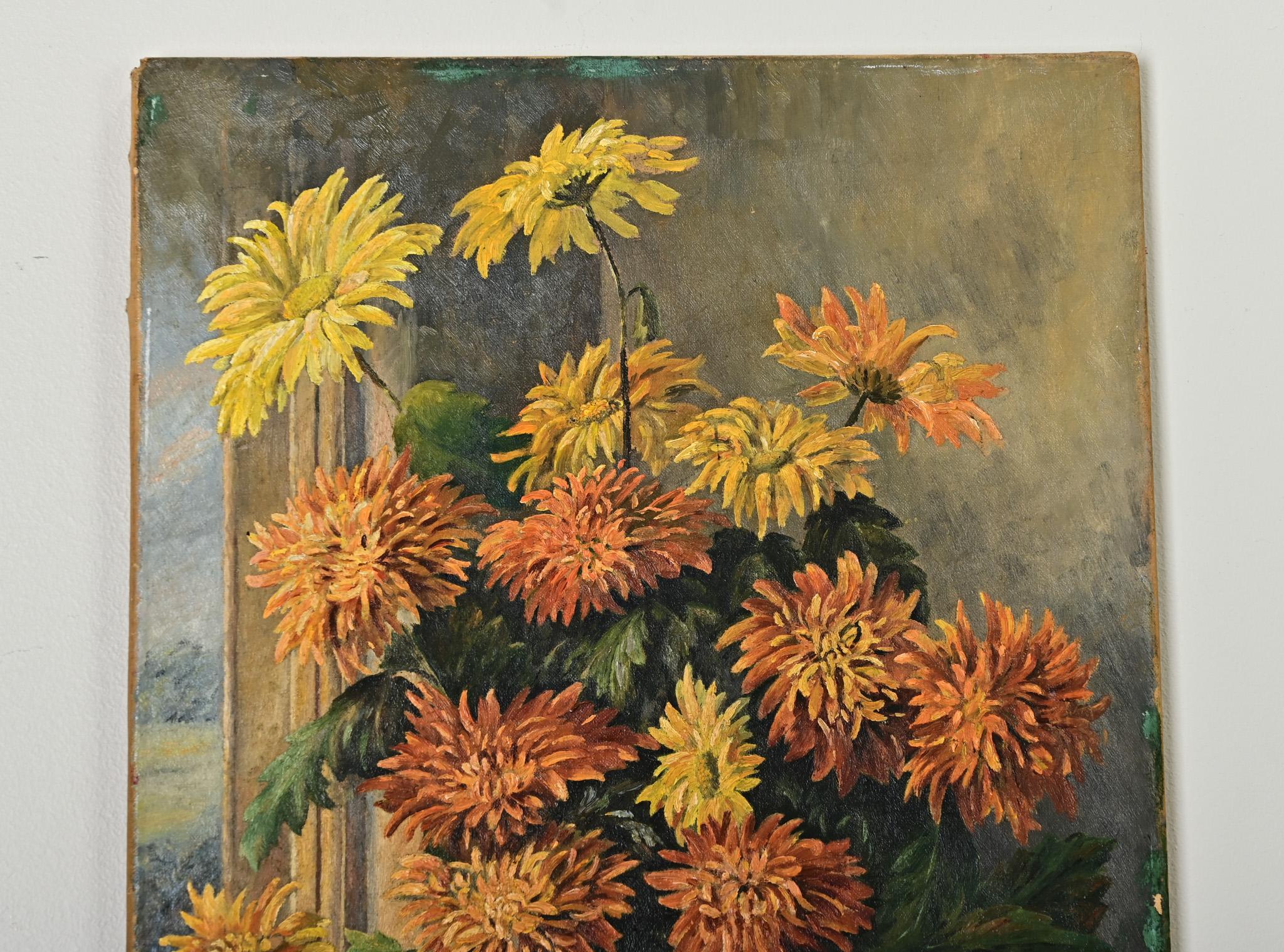 Canvas Vintage Signed English Oil Painting of Chrysanthemums For Sale