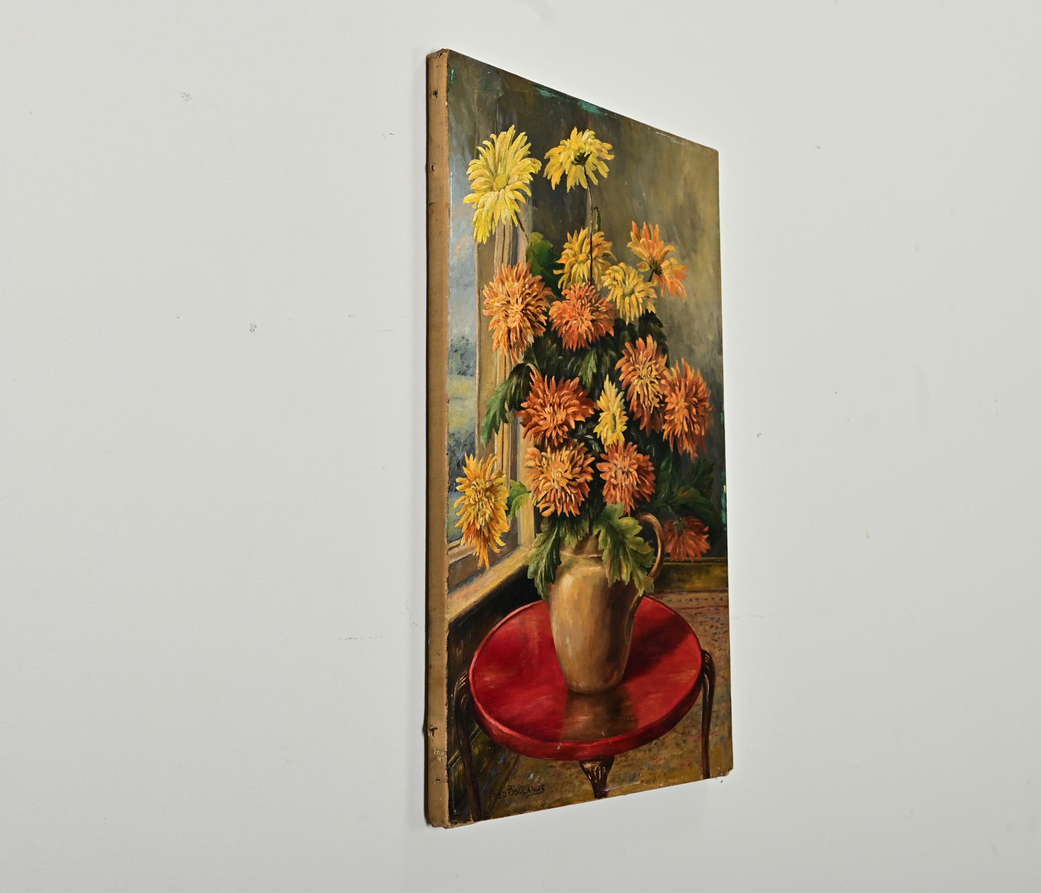 Vintage Signed English Oil Painting of Chrysanthemums For Sale 2