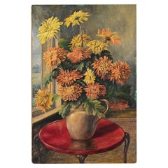 Peinture à l'huile anglaise vintage signée représentant des chrysanthèmes
