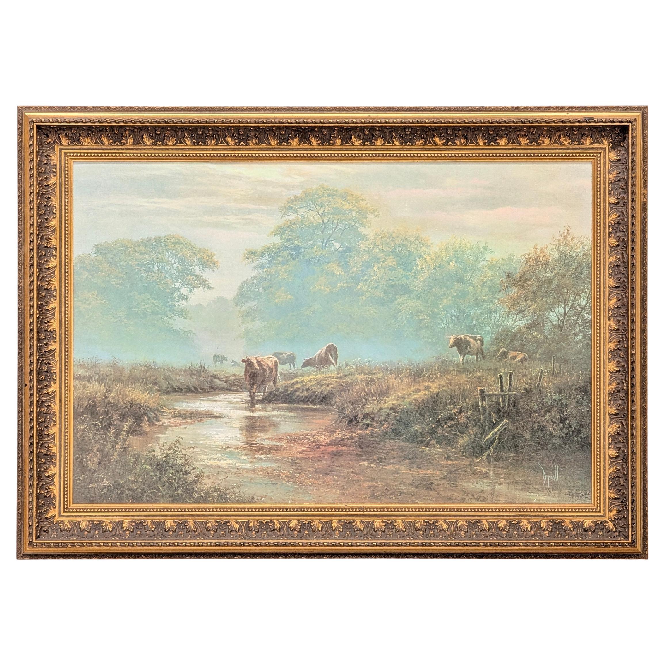 Vintage Signed English Pastoral Style Landscape Painting of Cattle, Durnall