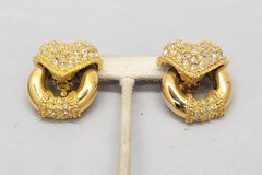 Vintage Signed Escada Goldtone Rhinestone Heart Doorknocker Clip Earrings