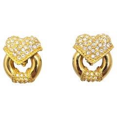 Vintage Signed Escada Goldtone Rhinestone Heart Doorknocker Clip Earrings