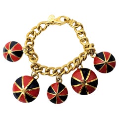 Vintage Signed Escada Goldtone Round Domed Red & Navy Enamel Charms Bracelet