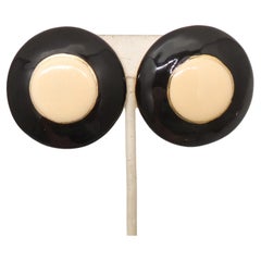 Vintage Signed Escada Round Goldtone Black & Tan Bullseye Clip Earrings