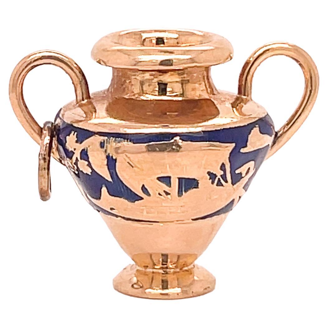 Vintage Signed Estate 18K Gold & Enamel Greek Form Vase Charm or Pendant