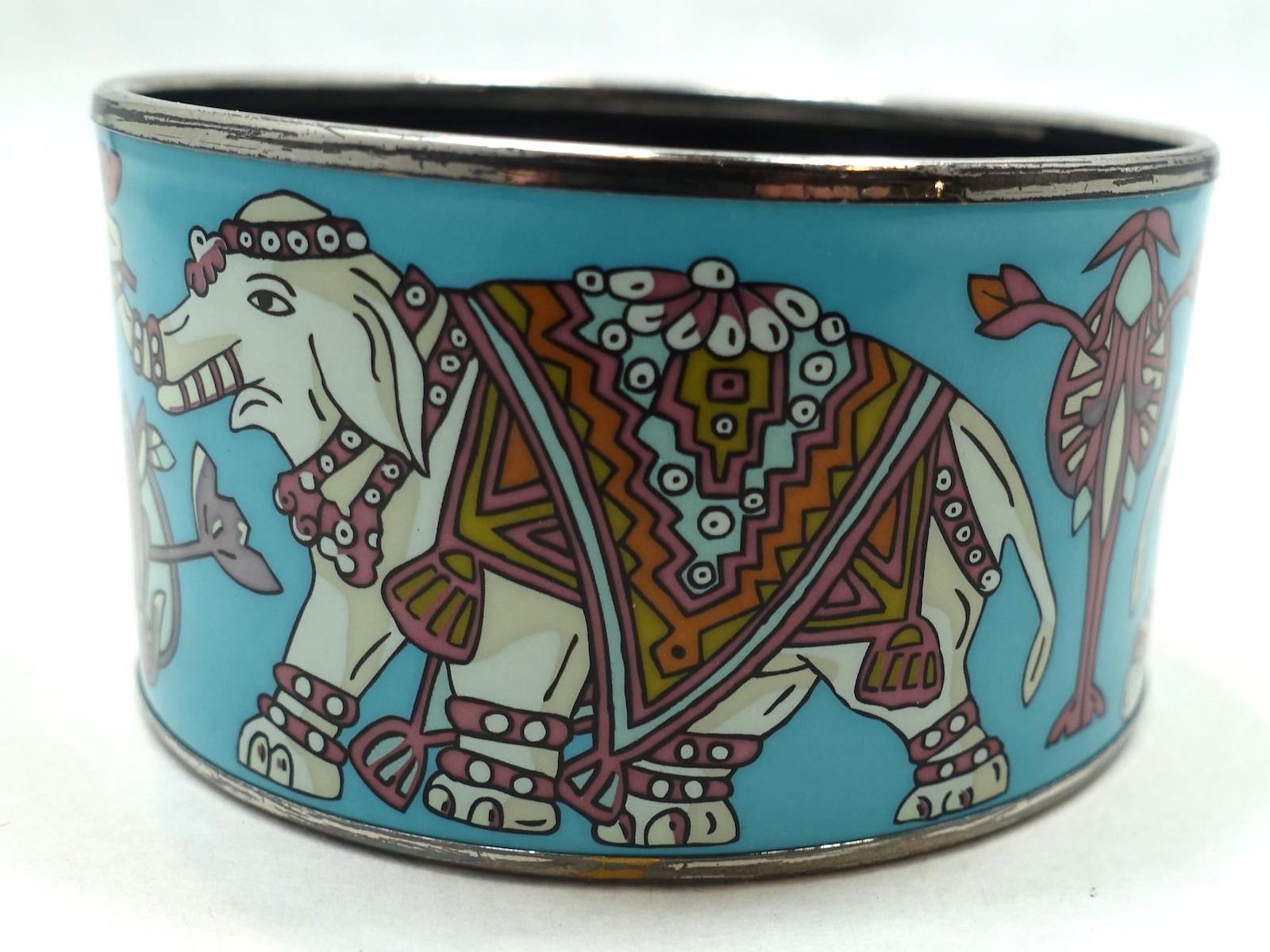 Women's or Men's Vintage Signed Famous Hermes Wide Multi-Color Enamel Elephant Cuff Bracelet For Sale