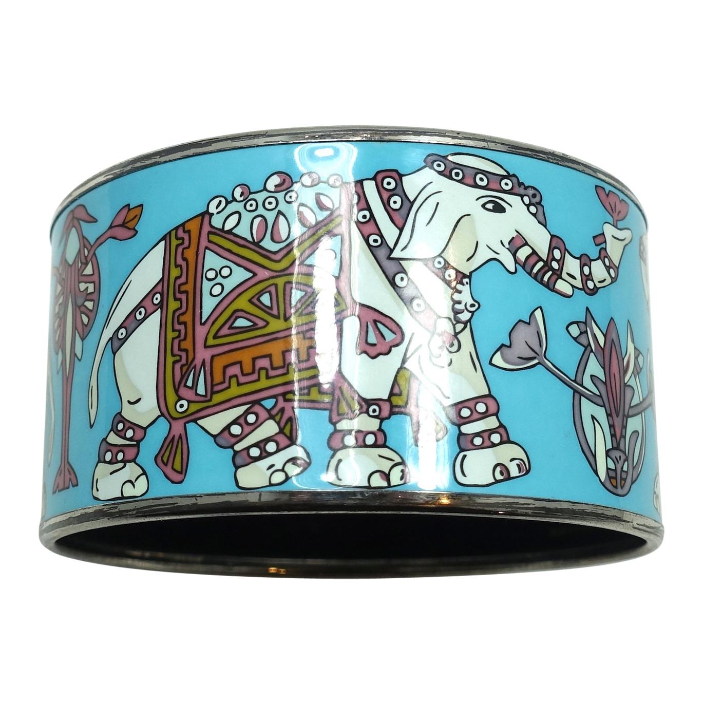 Vintage Signed Famous Hermes Wide Multi-Color Enamel Elephant Cuff Bracelet For Sale