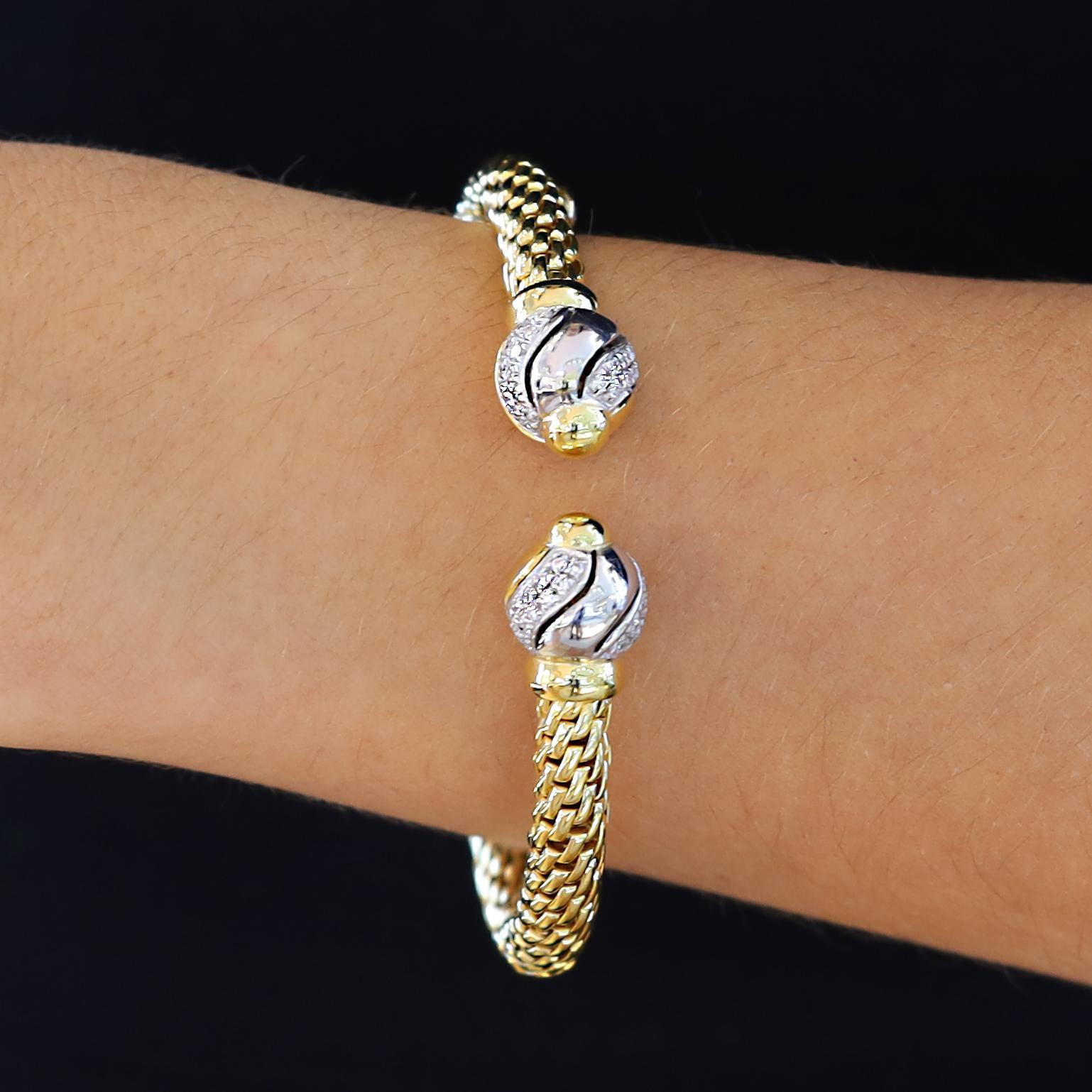 Vintage signiert FOPE Flex'it Mesh Diamond & 18k Gold 2 Ton offen Manschette Armband (Zeitgenössisch) im Angebot