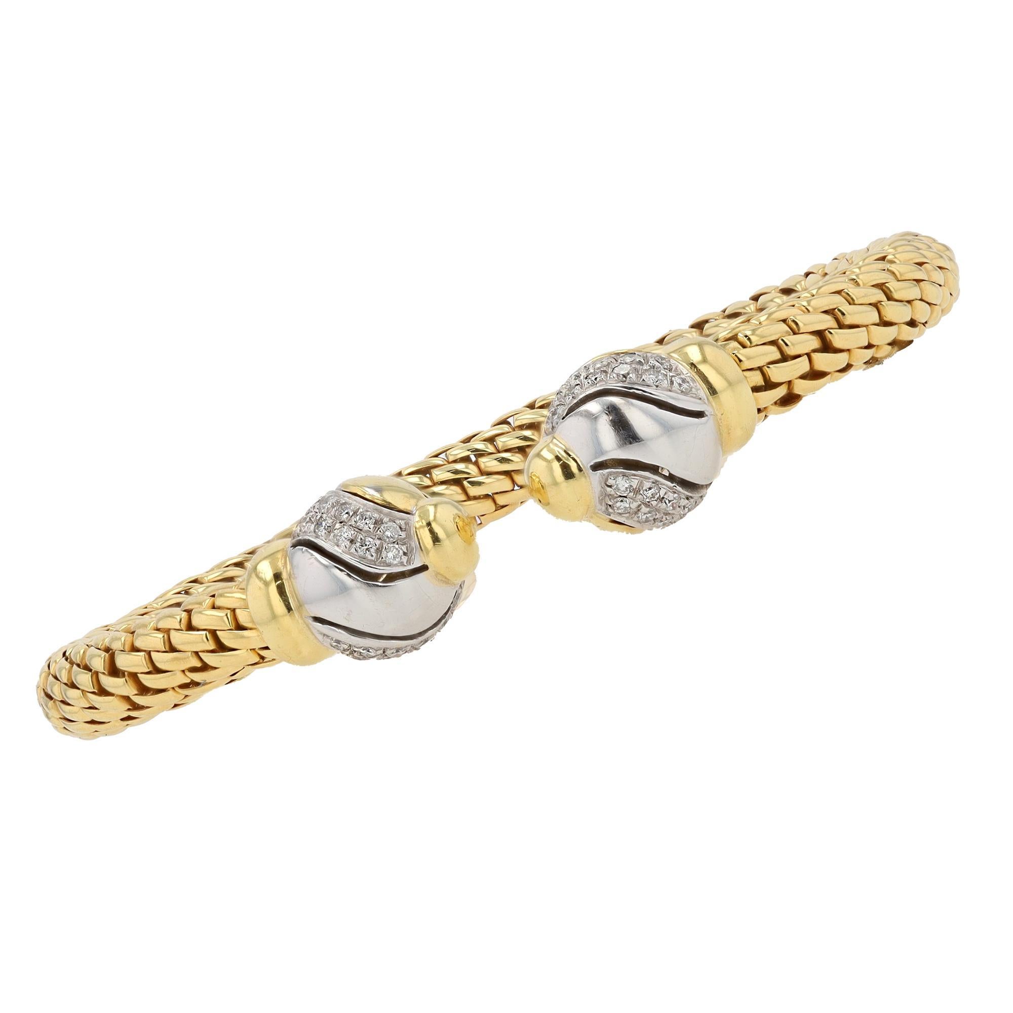 Vintage signiert FOPE Flex'it Mesh Diamond & 18k Gold 2 Ton offen Manschette Armband (Rundschliff) im Angebot