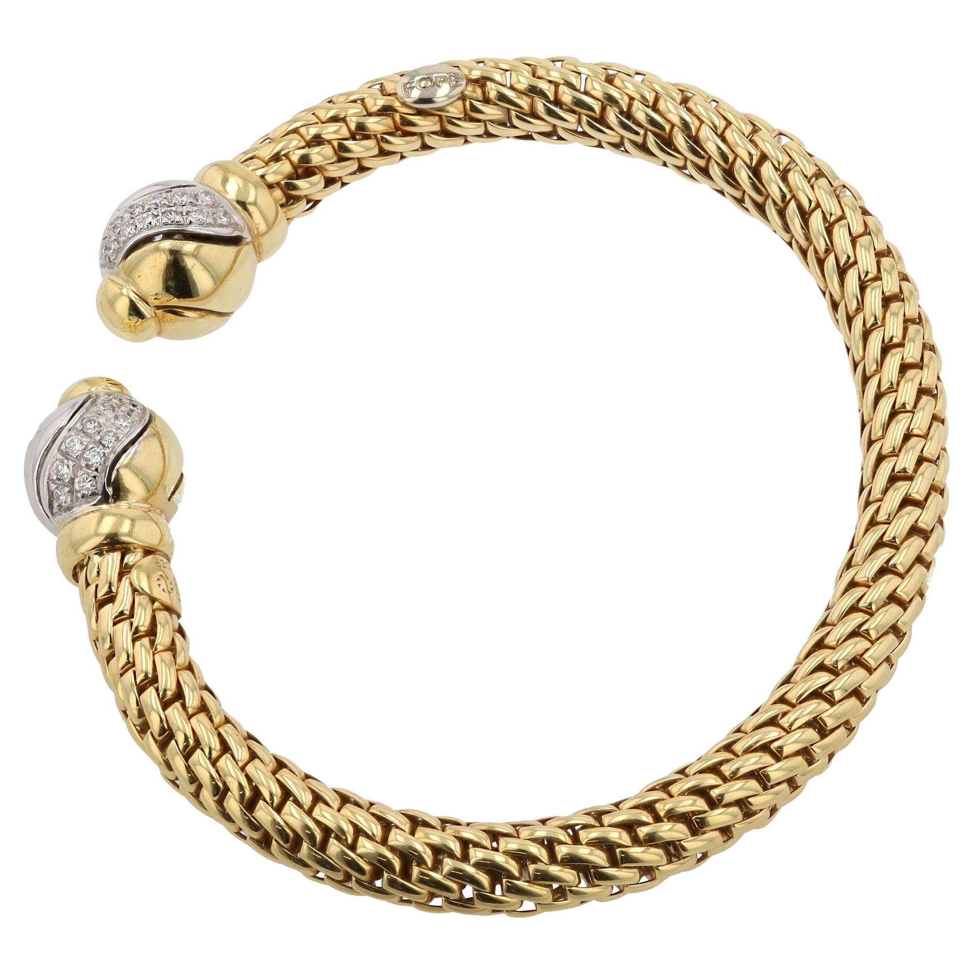 Vintage signiert FOPE Flex'it Mesh Diamond & 18k Gold 2 Ton offen Manschette Armband im Angebot