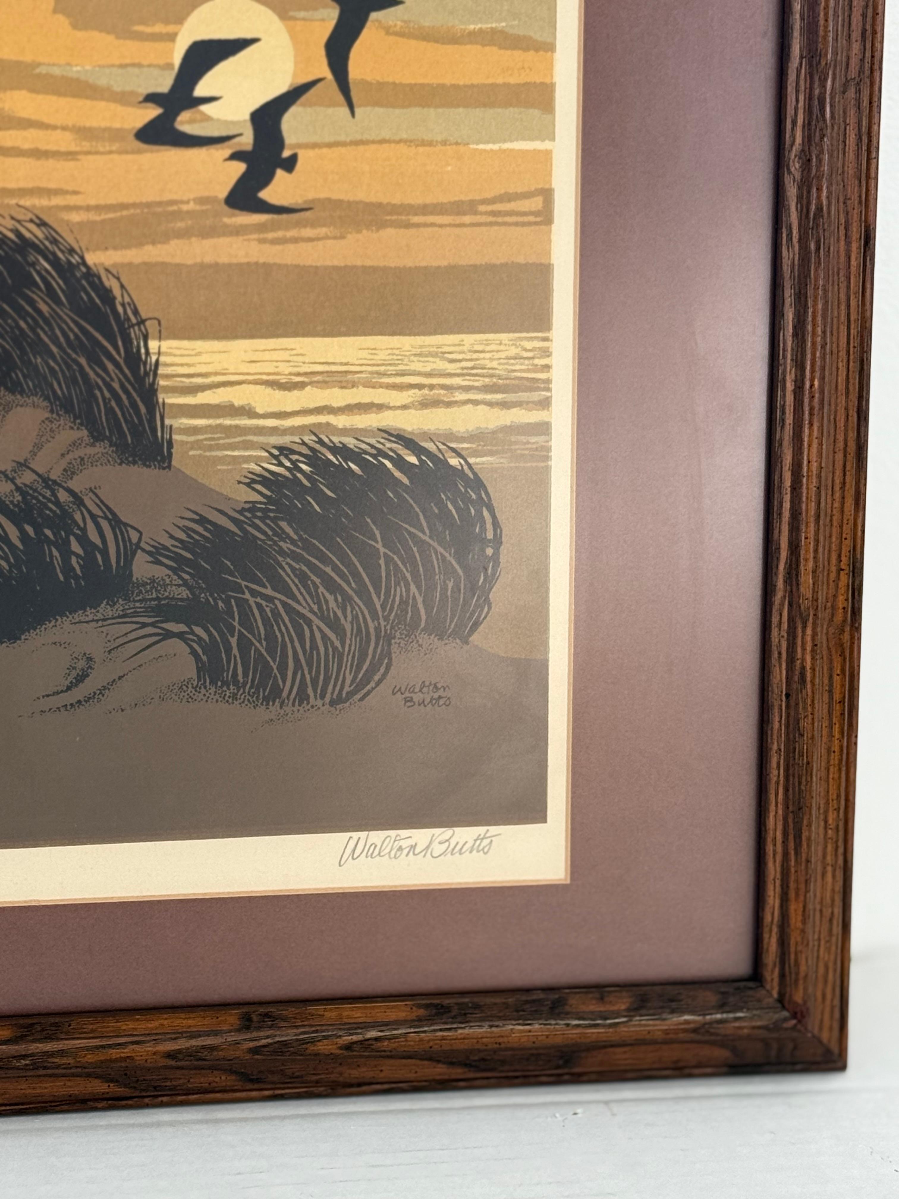 Signierter gerahmter matter Siebdruck oder Serigraphie-Druck im Mid-Century-Stil, Vintage (Holz) im Angebot