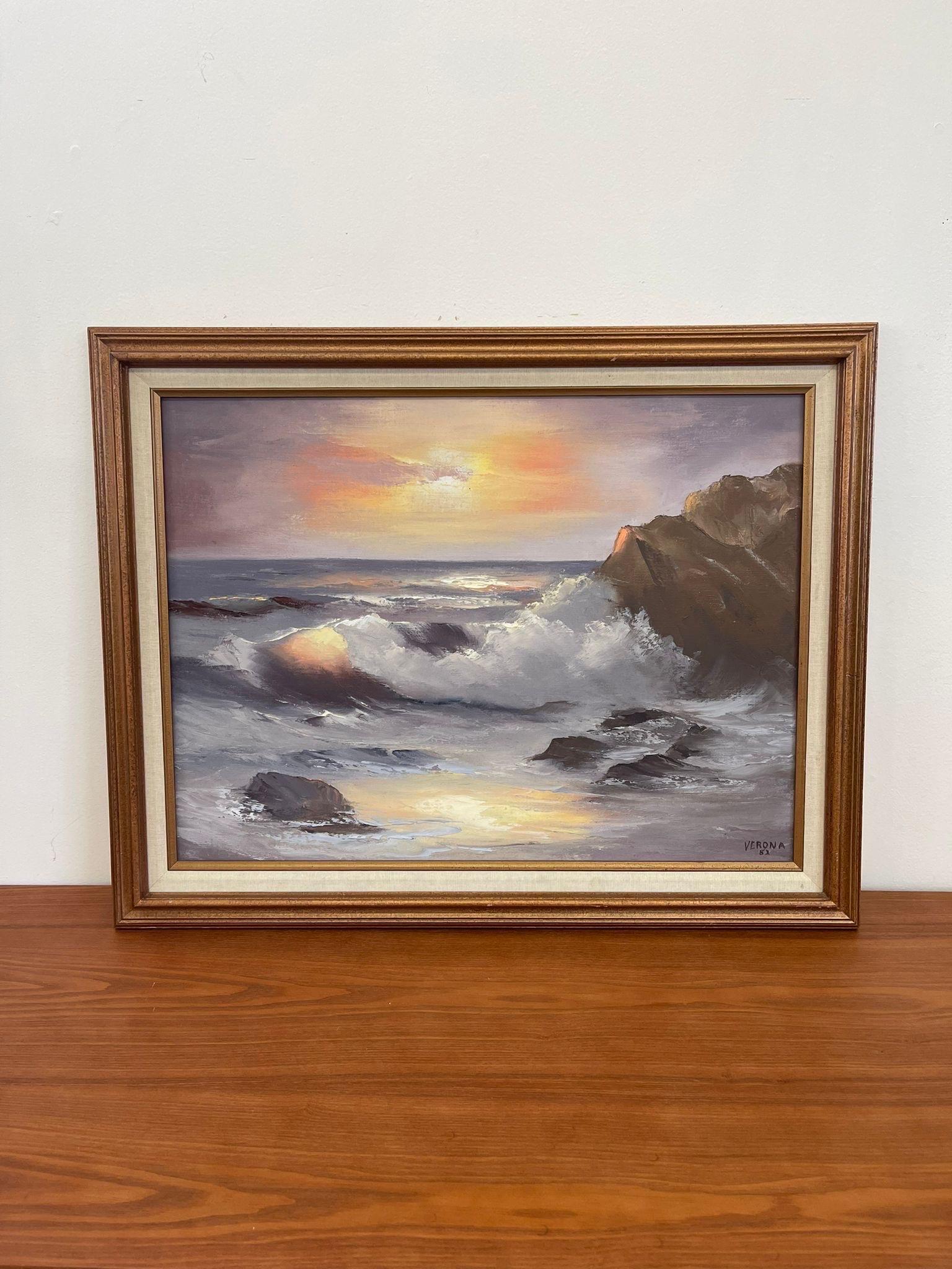 Possibly Oil or Acrylic on Canvas. Beautiful Sunset with Reflections on the water. Signed and Dated in the Lower corner as Pictured. Vintage Condition Consistent with Age as Pictured.

Dimensions. 28 1/2 W ; 22 H