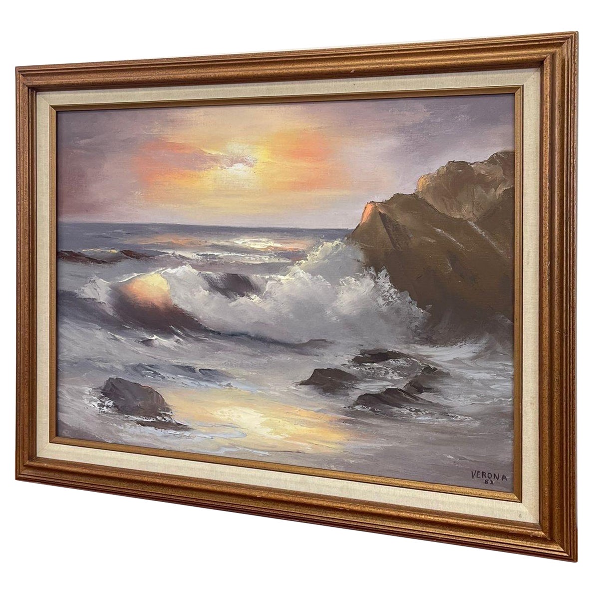 Signiertes gerahmtes Original Oceanfront-Landschafts-Kunstwerk im Vintage-Stil.