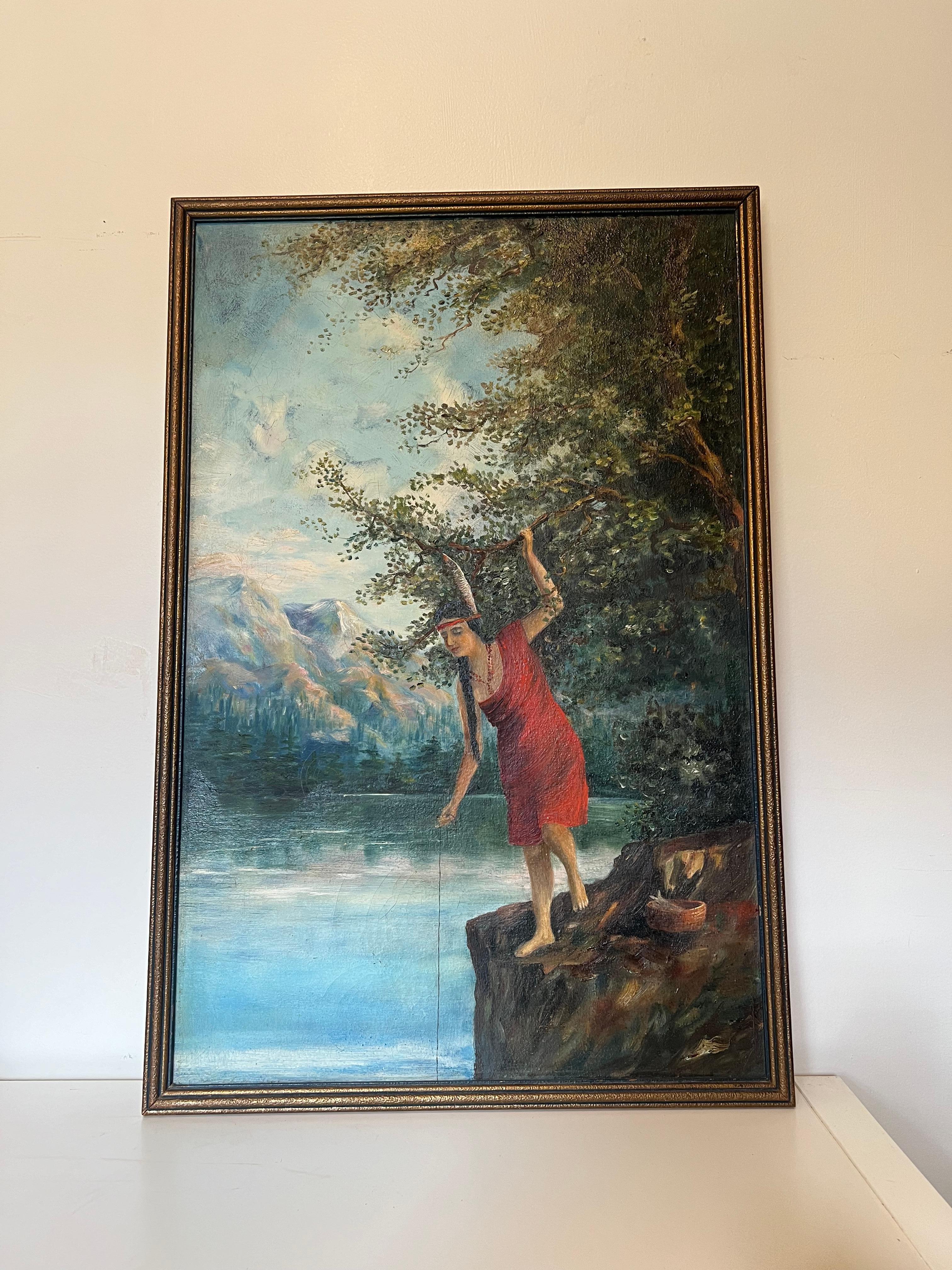 Vintage Framed painting depicting a woman fishing again a scenic mountain and forest lake scene. Signed Nell Wigging Cambell 1921 on the back. Vintage Condition with age with cracks, please review pictures. Has tones of greens, blues and
