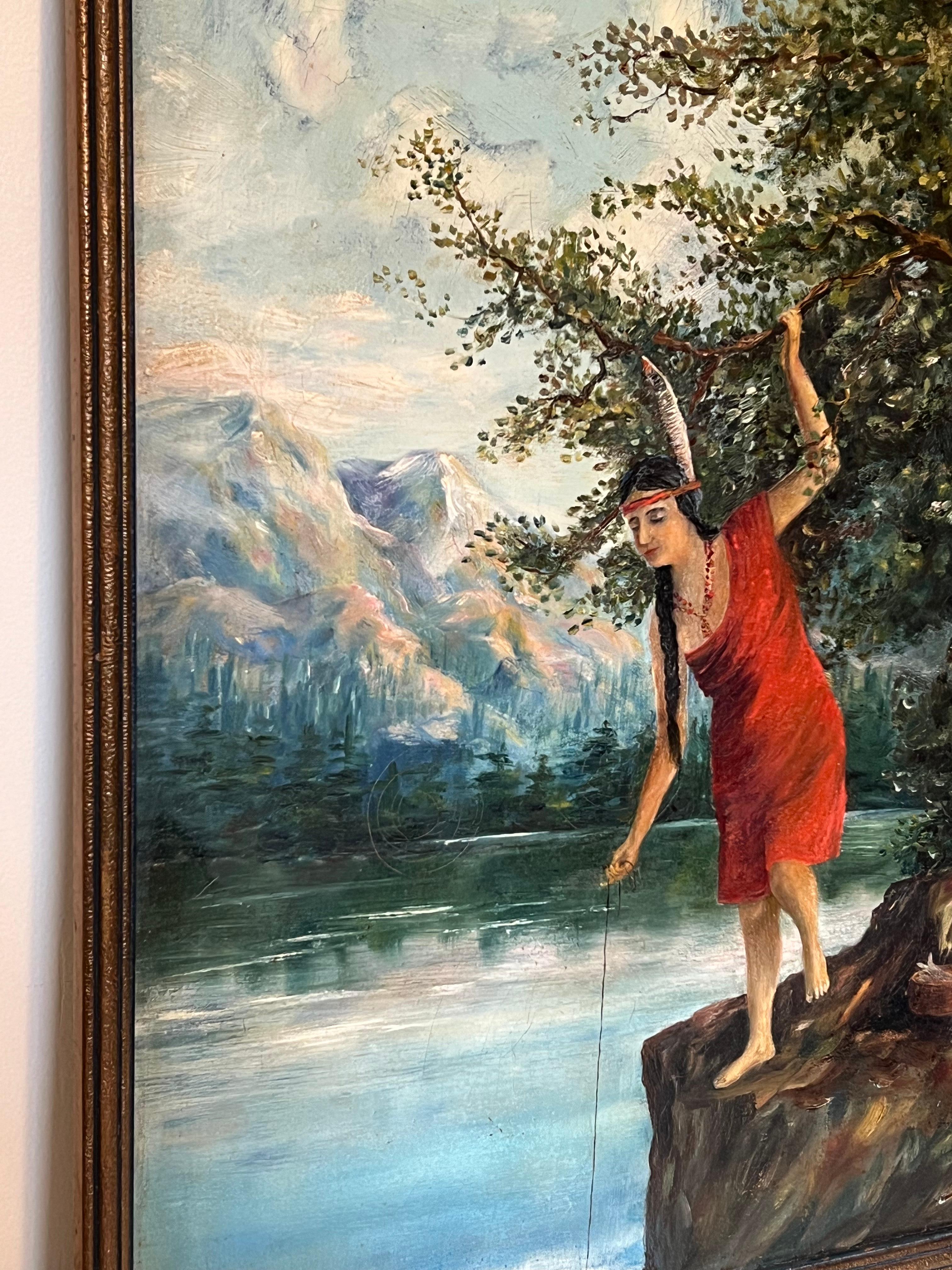 Mid-Century Modern Vintage Signed Framed Scenic 1921 Painting. For Sale