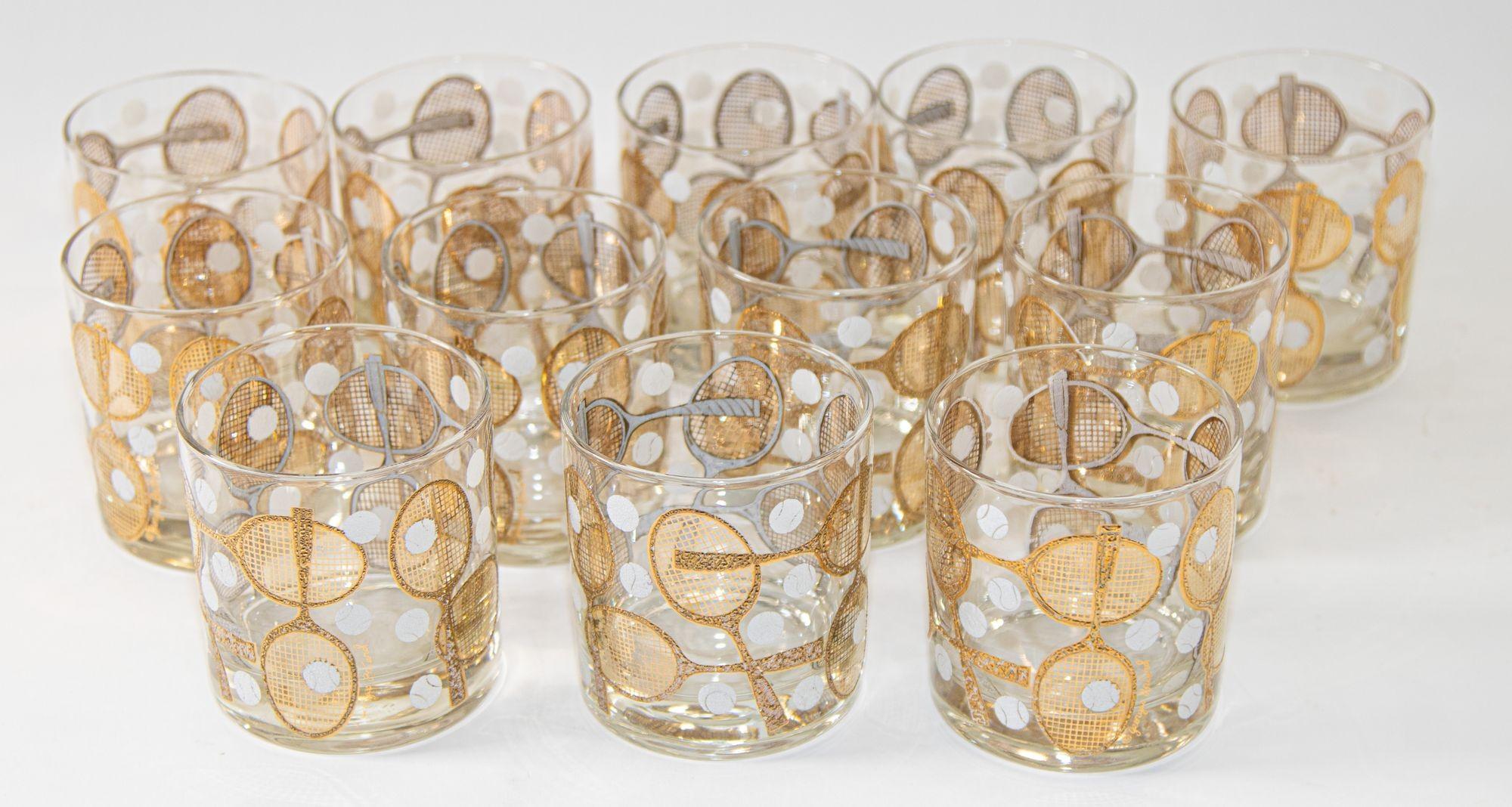 Vintage Signed Georges Briard Rock Glasses with Tennis Motif Set of 12 5