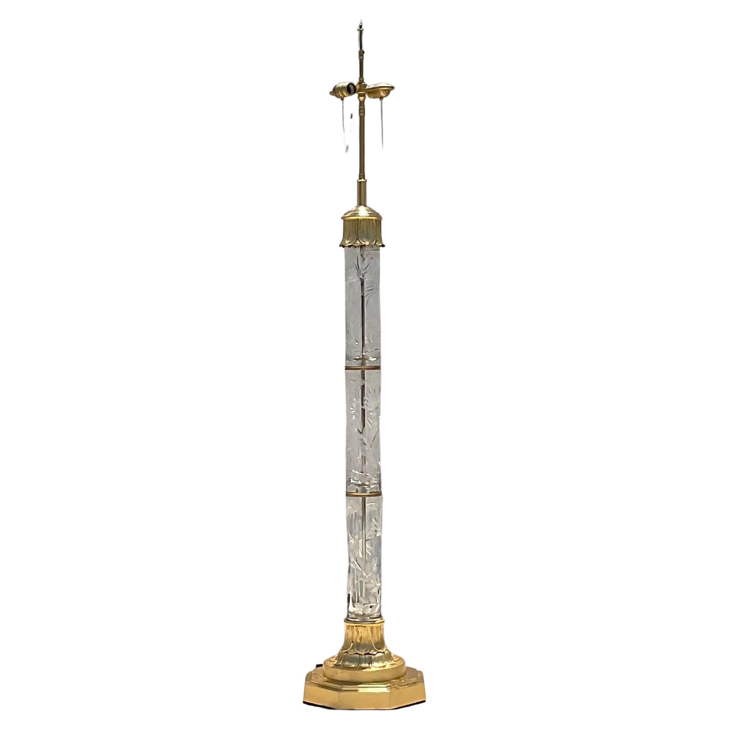 Vintage Signed Geyer Dresden Cut Crystal and Brass Dual Socket Floor Lamp For Sale