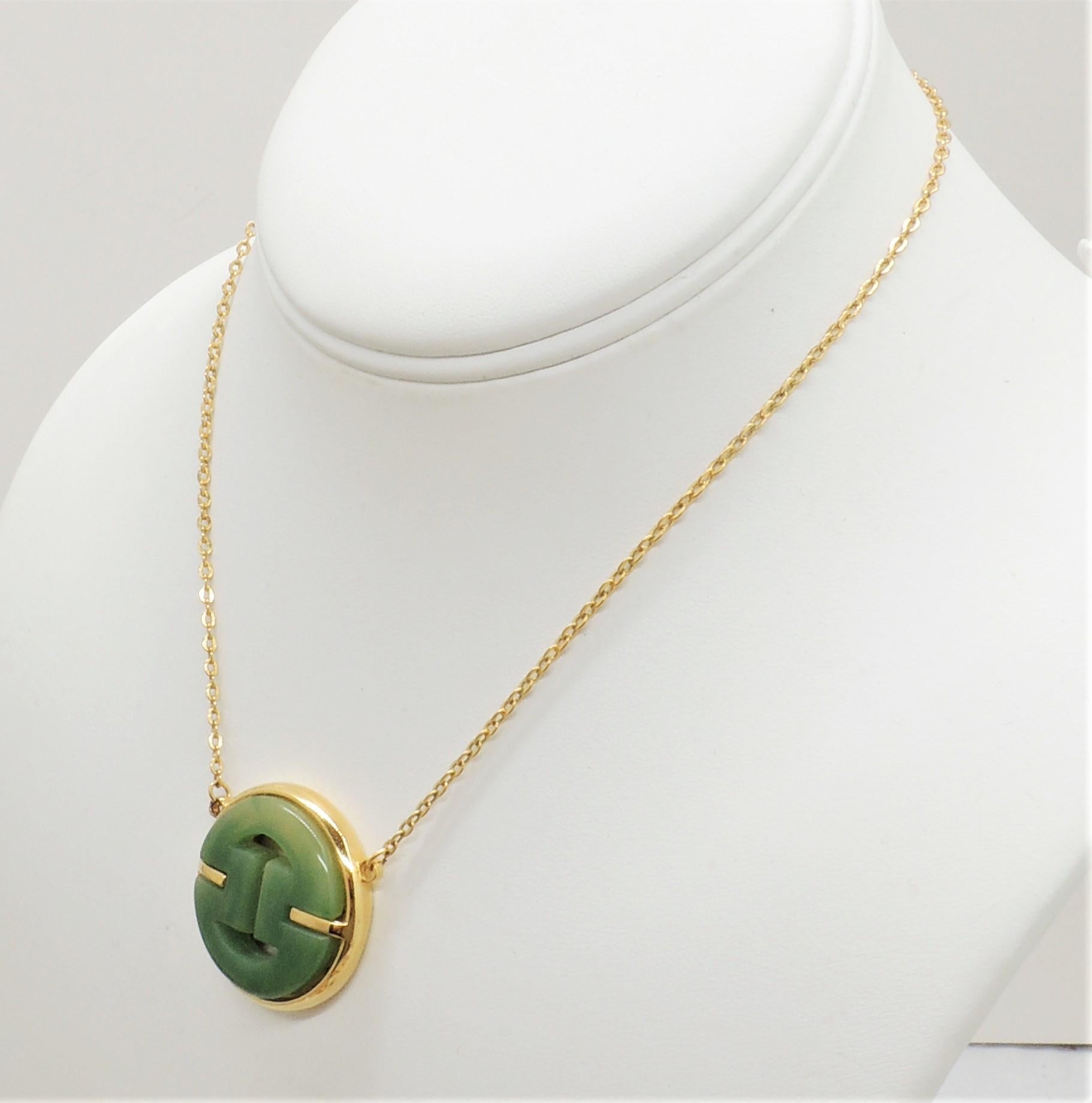 Vintage Signed Givenchy Goldtone Faux-Jade Pendant Necklace, 1977 In Excellent Condition For Sale In Easton, PA