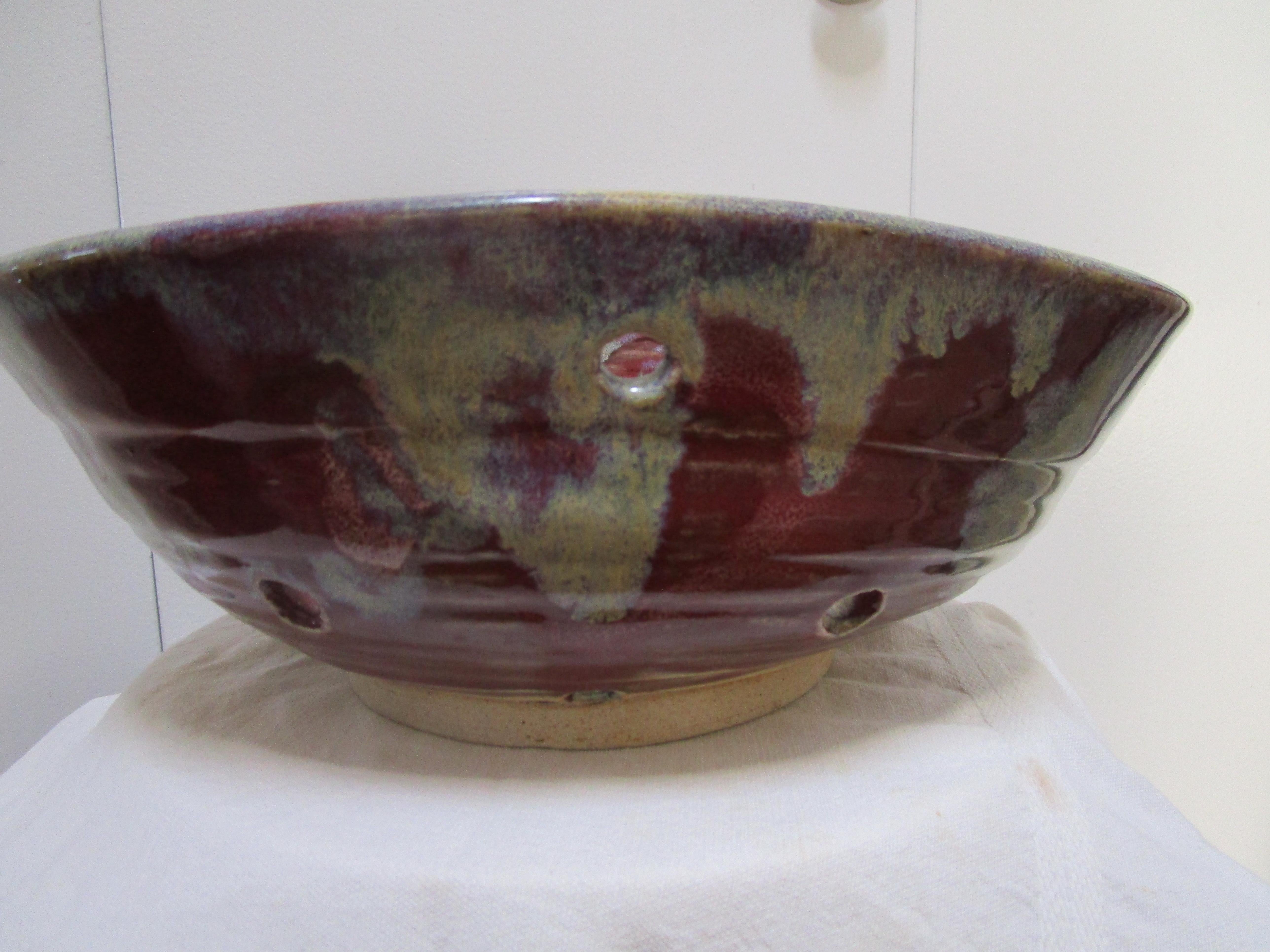Vintage Signed Colander Berry Bowl Glazed Gray Burgundy Pottery For Sale 2