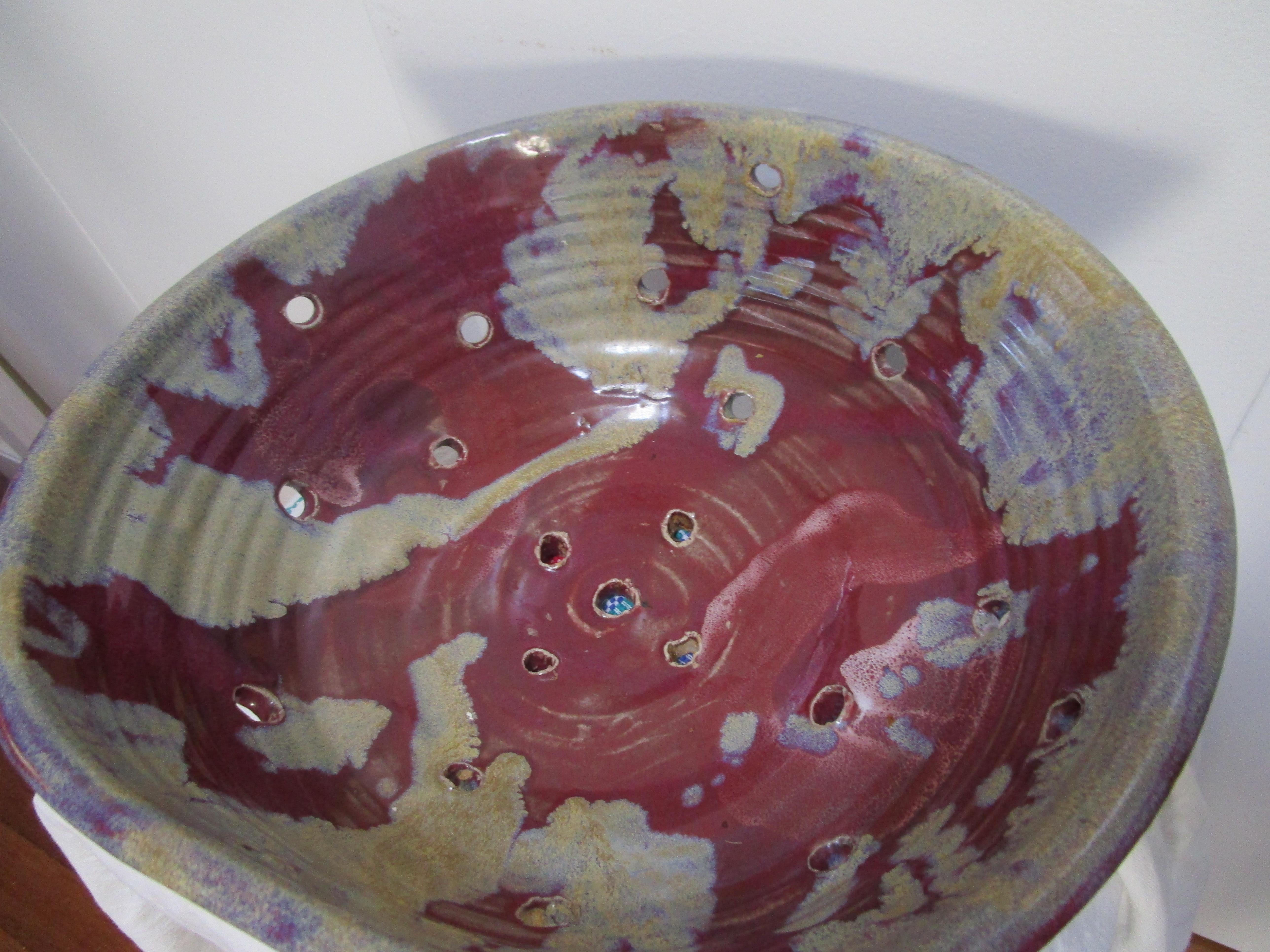 20th Century Vintage Signed Colander Berry Bowl Glazed Gray Burgundy Pottery For Sale