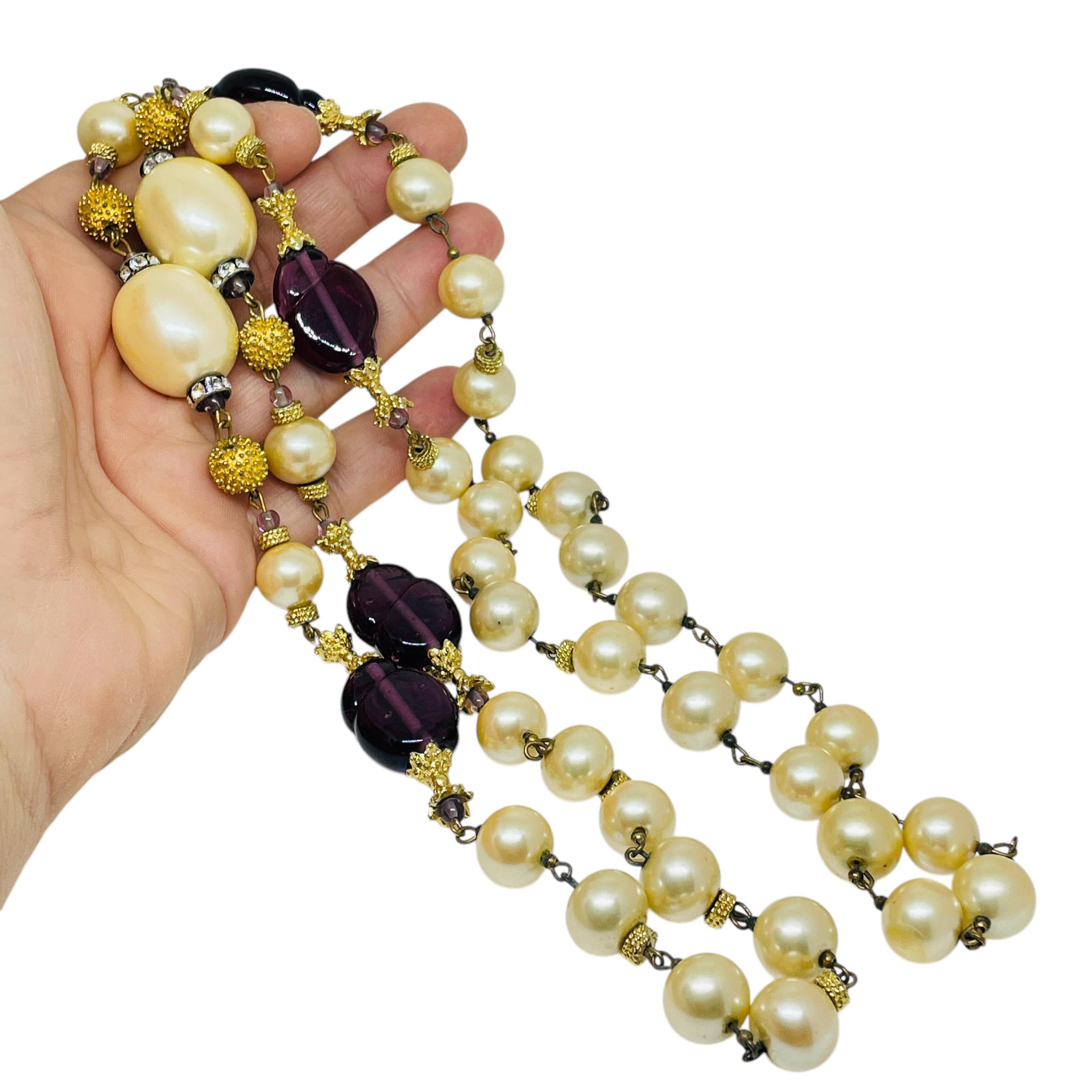 Women's Vintage gold faux pearl amethyst glass beaded designer necklace For Sale