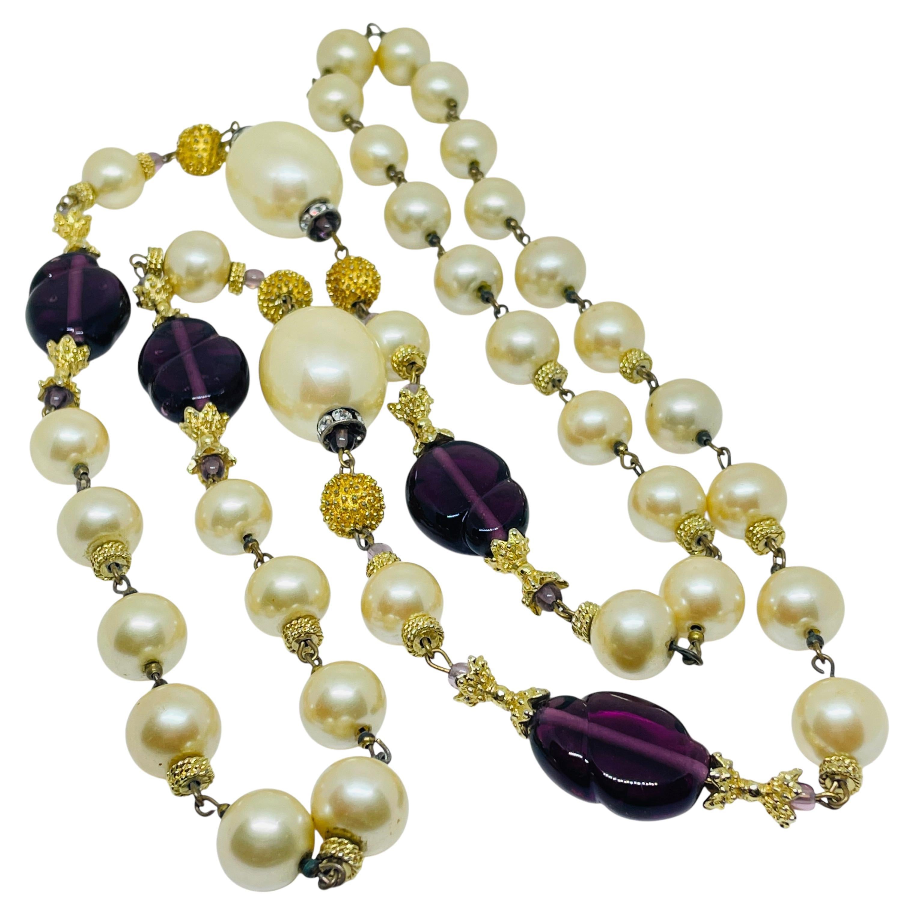 Vintage gold faux pearl amethyst glass beaded designer necklace For Sale