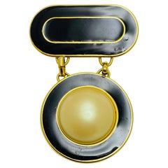 Vintage signed gold pearl enamel designer brooch