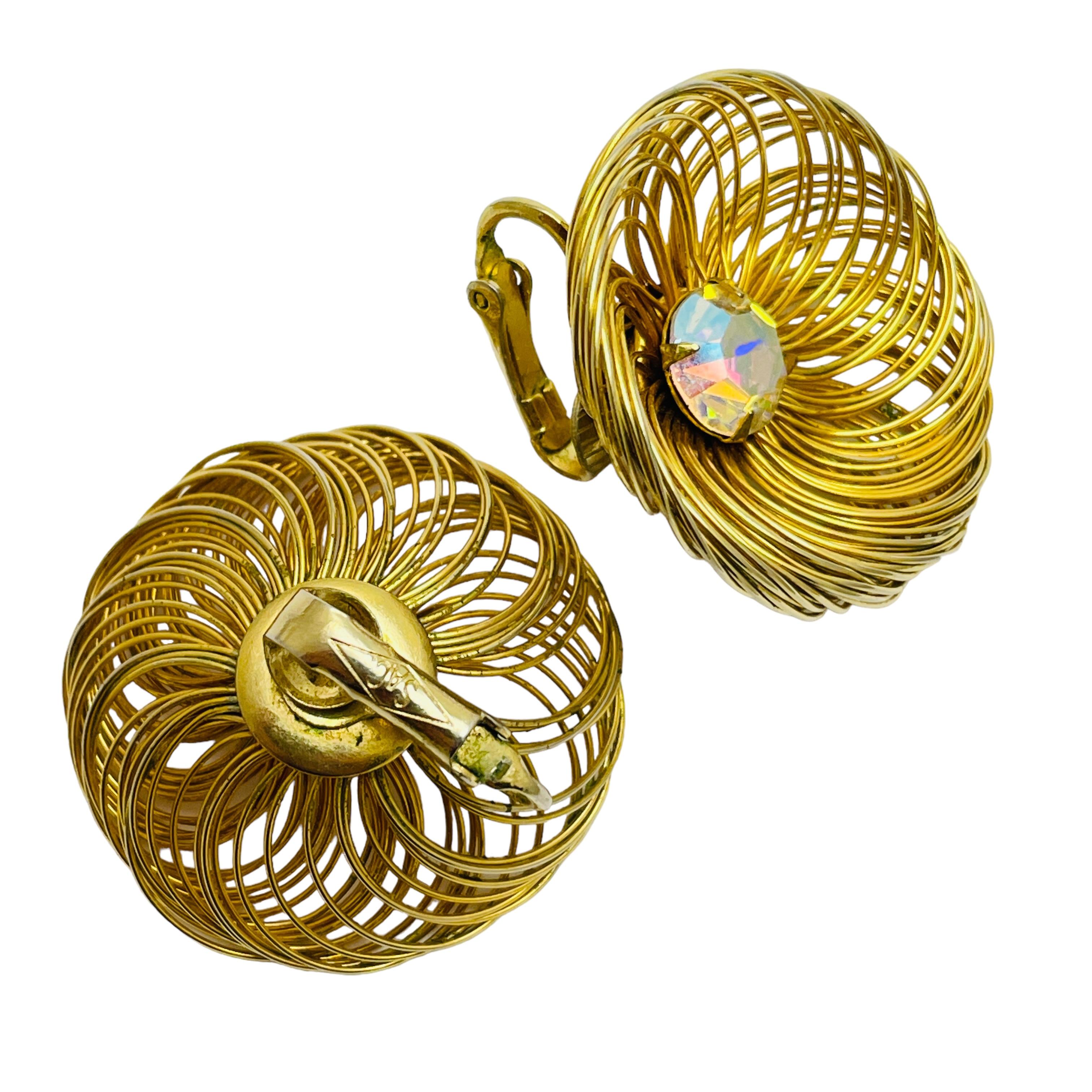 Vintage signed gold rhinestone designer clip on earrings In Good Condition For Sale In Palos Hills, IL
