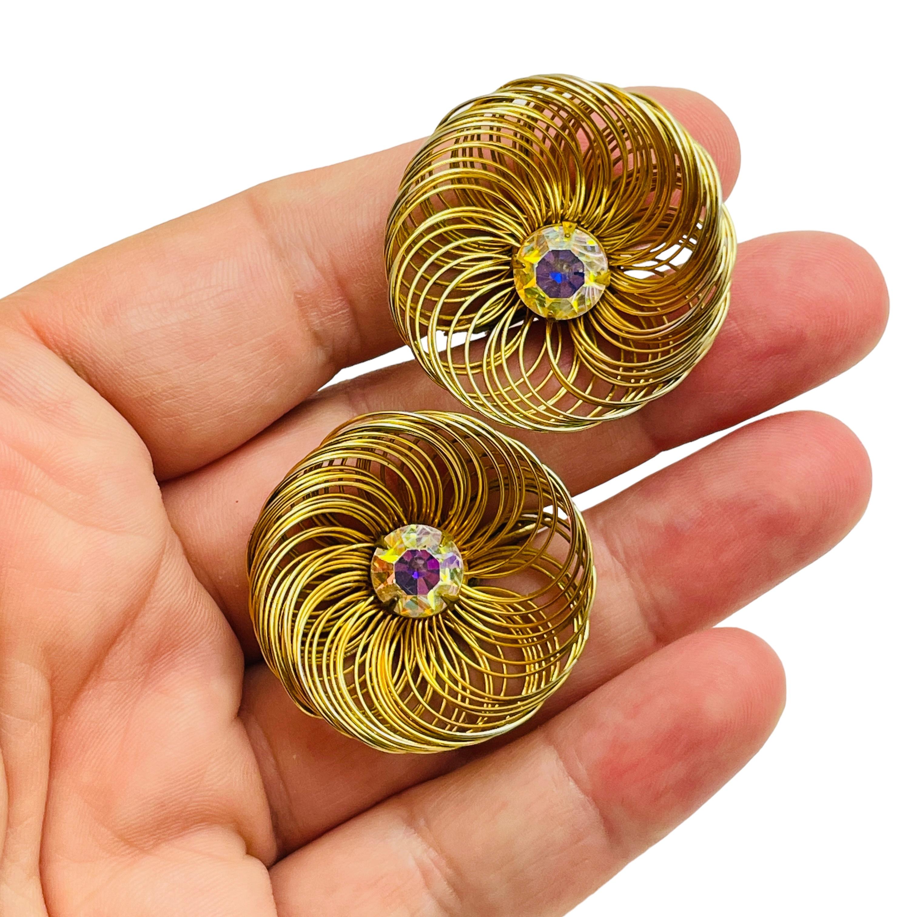 Women's Vintage signed gold rhinestone designer clip on earrings For Sale