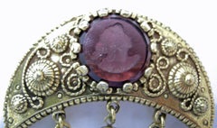 Vintage Signed Goldette Faux Amethyst Intaglio Dangling Brooch