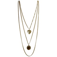 Vintage Signed Goldette Triple Chain Heart Locket And Amber Necklace
