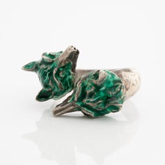 Vintage Signed GUCCI Silver and Green Enamel Double Fox Ring