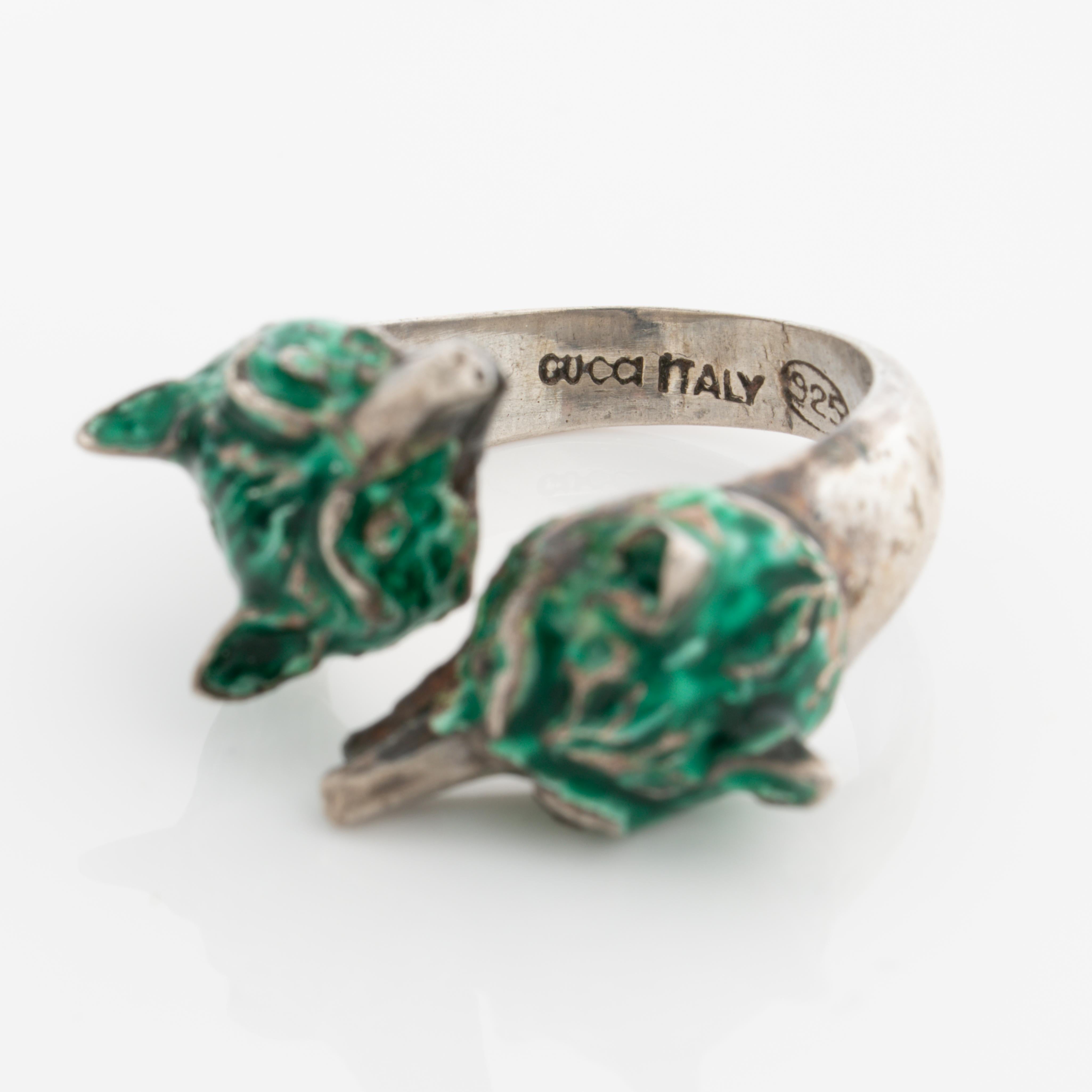 Vintage Signed GUCCI Silver and Green Enamel Double Fox Ring 1