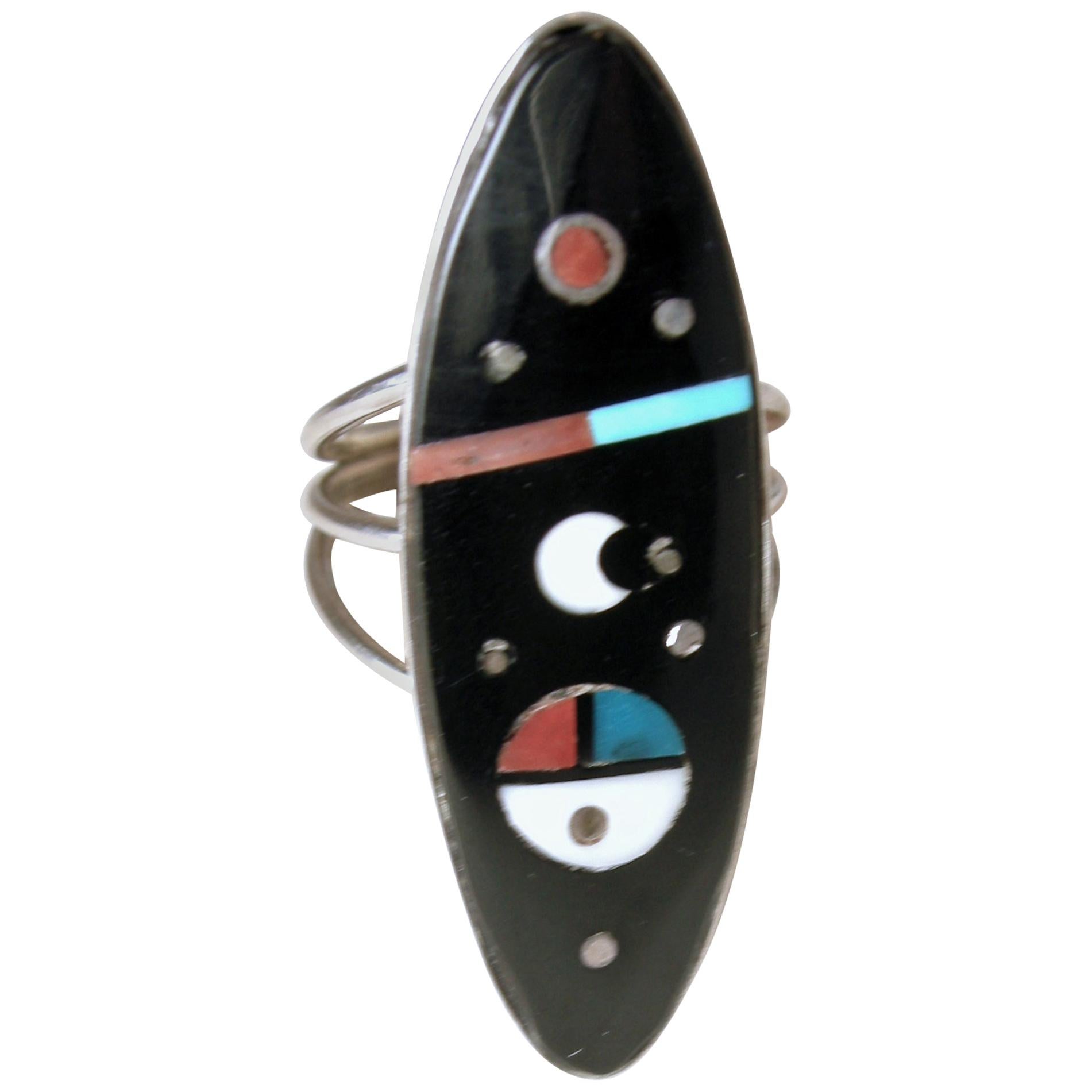 Vintage Signed H. Smith Onyx, Turquoise, Coral, MOP, Sterling Silver Ring, Sz 6. For Sale