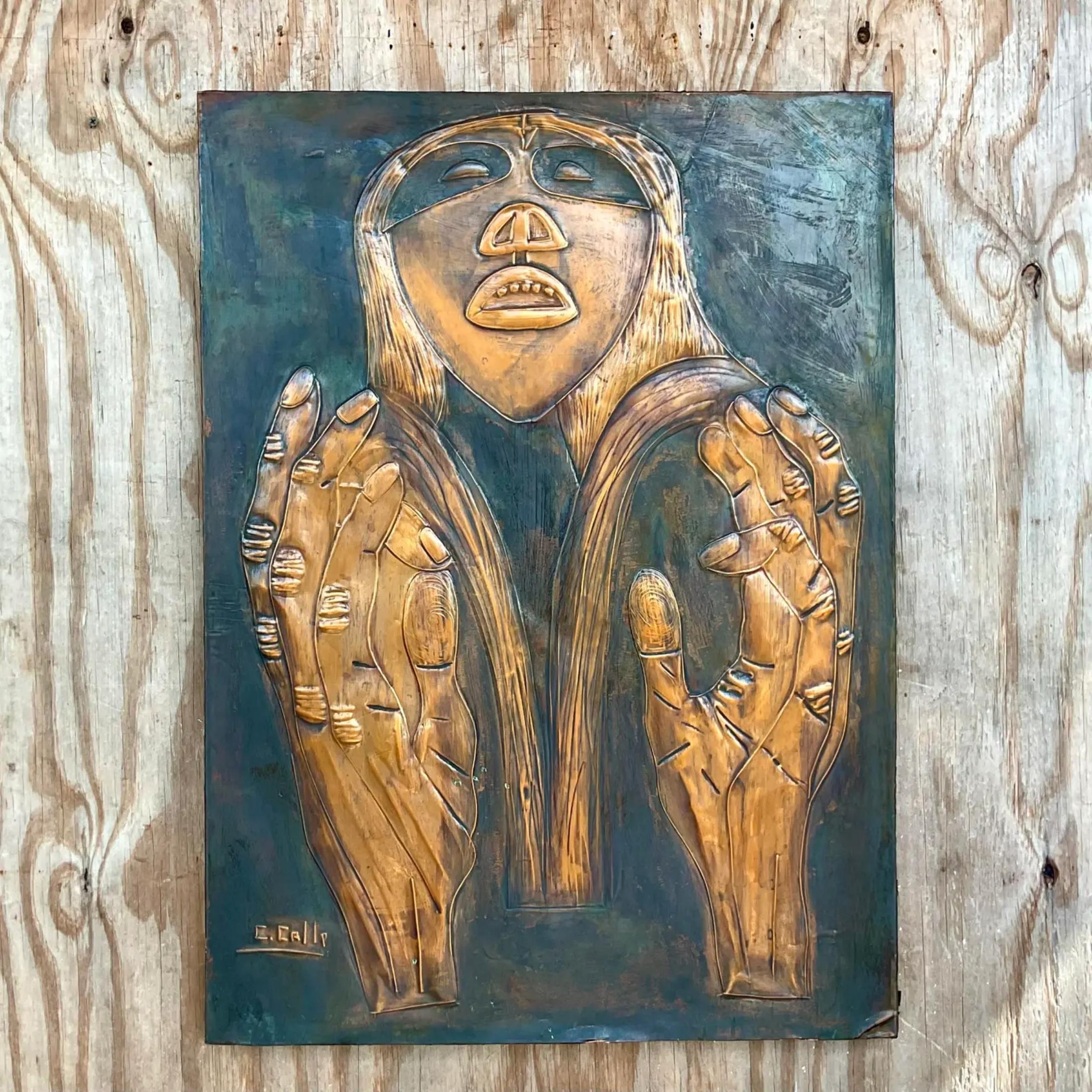 A fabulous vintage Boho copper panel. A chic hand hammered face with a brutalist style. Signed by the artist. Acquired from a Palm Beach estate