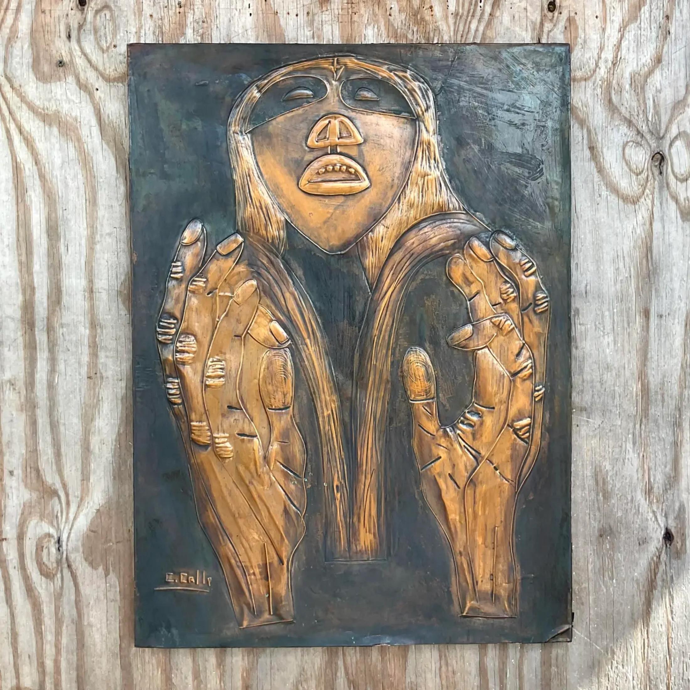 Vintage Signed Hand Hammered Copper Face In Good Condition For Sale In west palm beach, FL