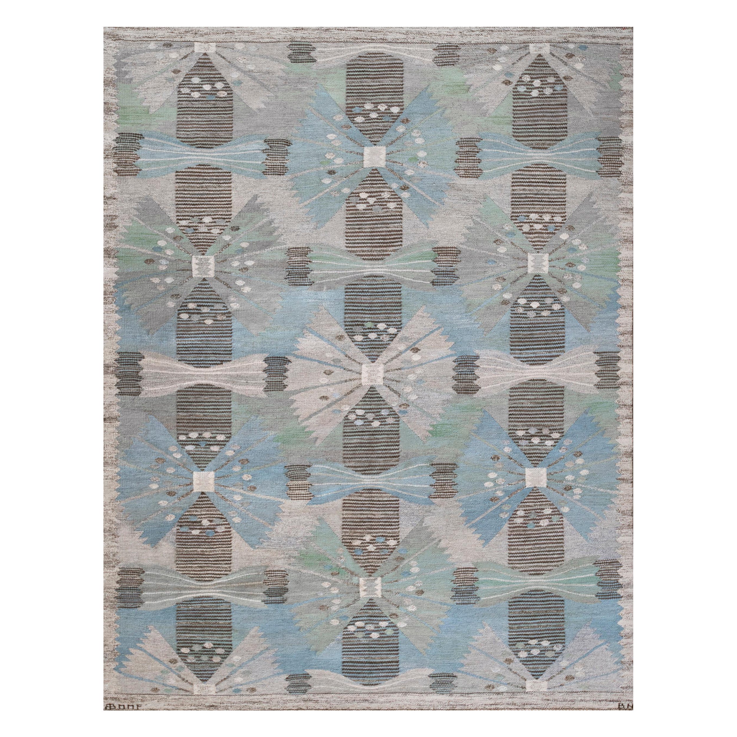 Handgeknüpfter schwedischer Gobeläng-Flachgewebe-Teppich, Vintage, signiert