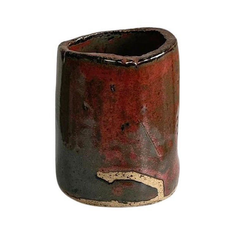 Vintage Signed Handmade Studio Pottery Vase with Red and Black Glaze For Sale