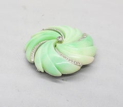 Vintage Signed Hattie Carnegie Green Resin & Rhinestone Spiral Brooch