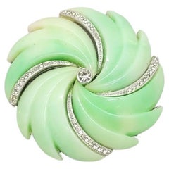 Retro Signed Hattie Carnegie Green Resin & Rhinestone Spiral Brooch