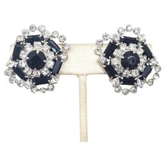 Vintage Signed Hattie Carnegie Rhodium Plated Faux-Onyx & Clear Rhinestone Clip