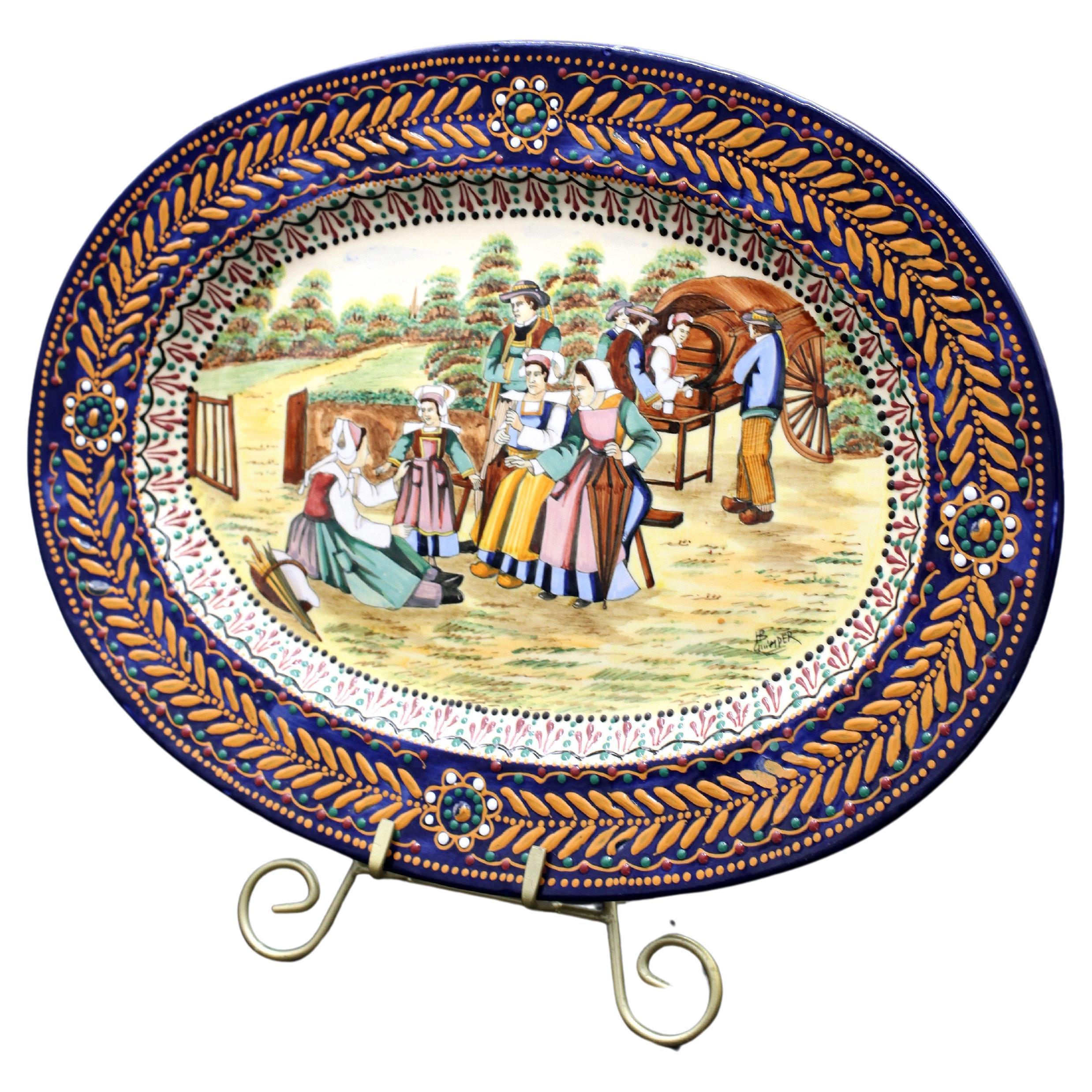 Vintage Signed "HB QUIMPER" Oval Pottery Platter in The Brodierre Pattern For Sale