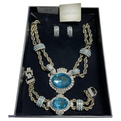 Vintage Signed Heidi Daus Designer Aquamarine Crystal Necklace Bracelet Earrings