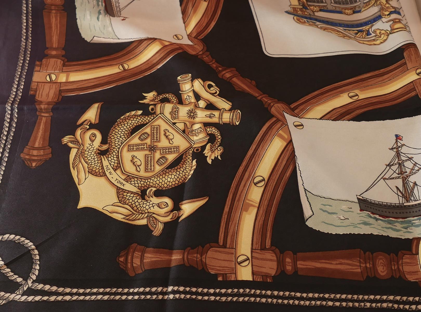 Brown Vintage Signed Hermes France Silk Scarf For Sale