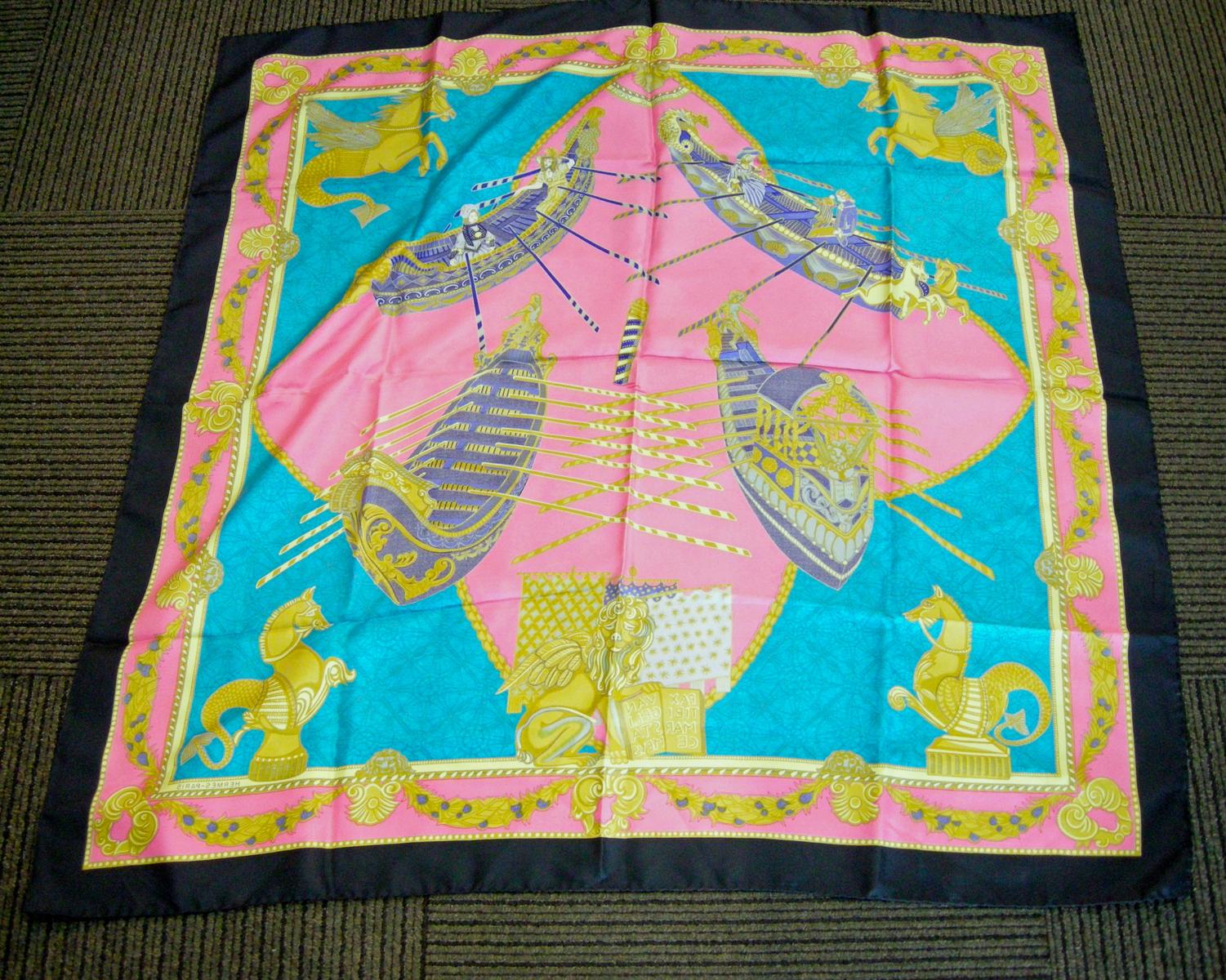  Vintage Signed Hermes “Les Bissones du Venise” Paris Silk Scarf In Good Condition For Sale In New York, NY