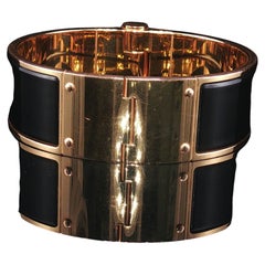 Vintage Signed Hermès Wide Black Enamel Hinged Cuff Bracelet Gold Plated French