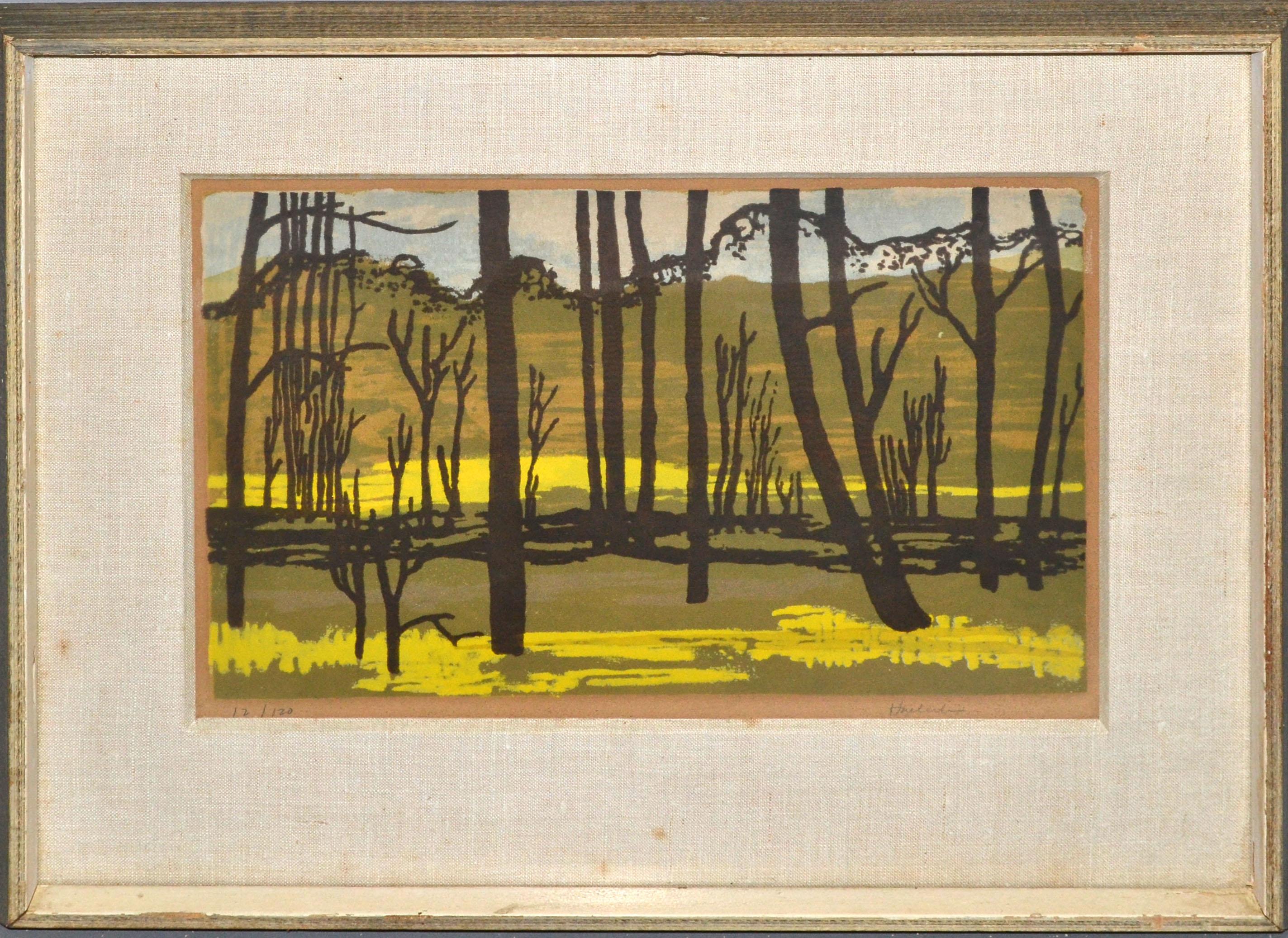 Peinture américaine vintage sur toile encadrée dorée représentant une scène de paysage signée Huerlin en vente 4