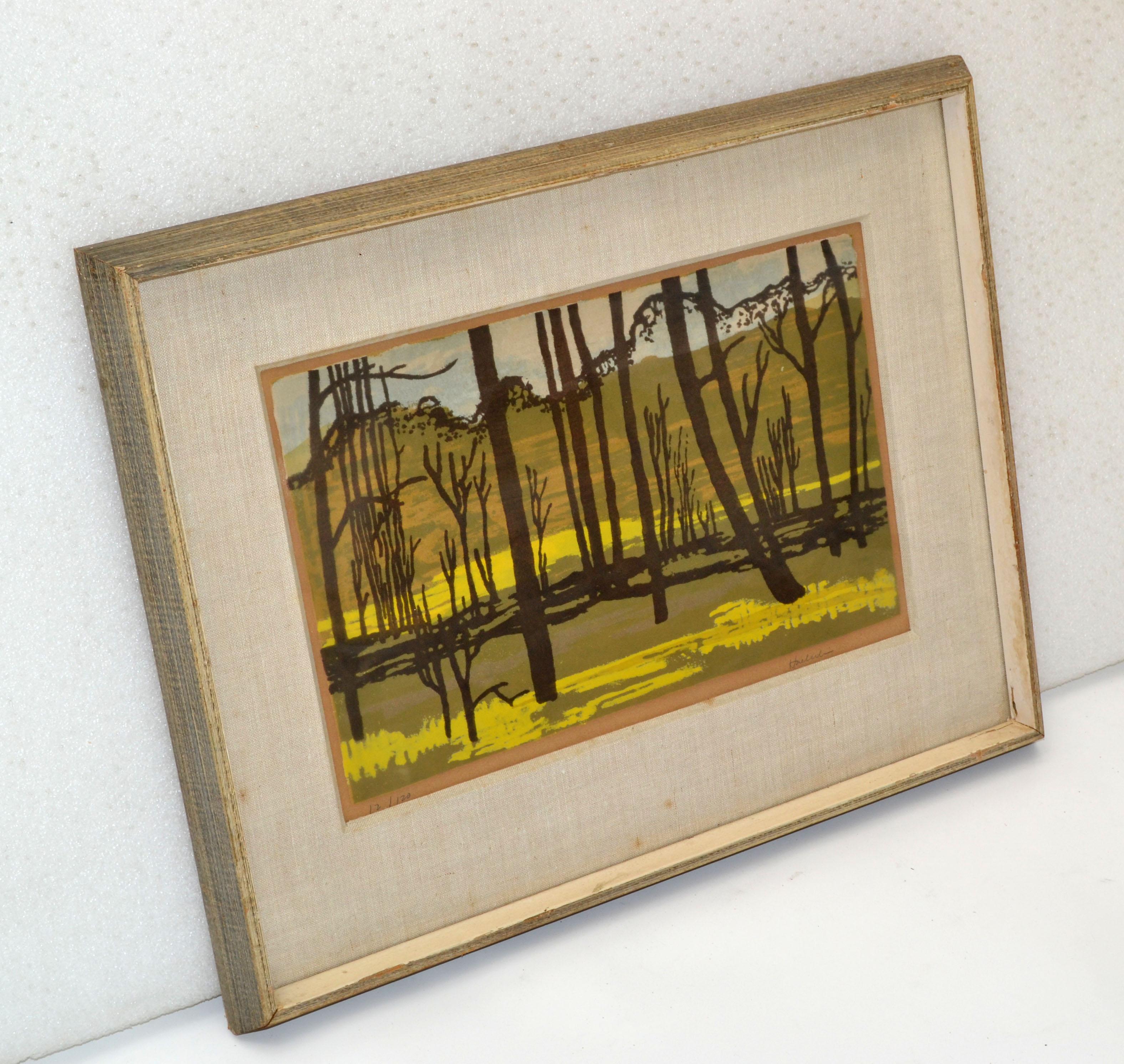 Classique américain Peinture américaine vintage sur toile encadrée dorée représentant une scène de paysage signée Huerlin en vente