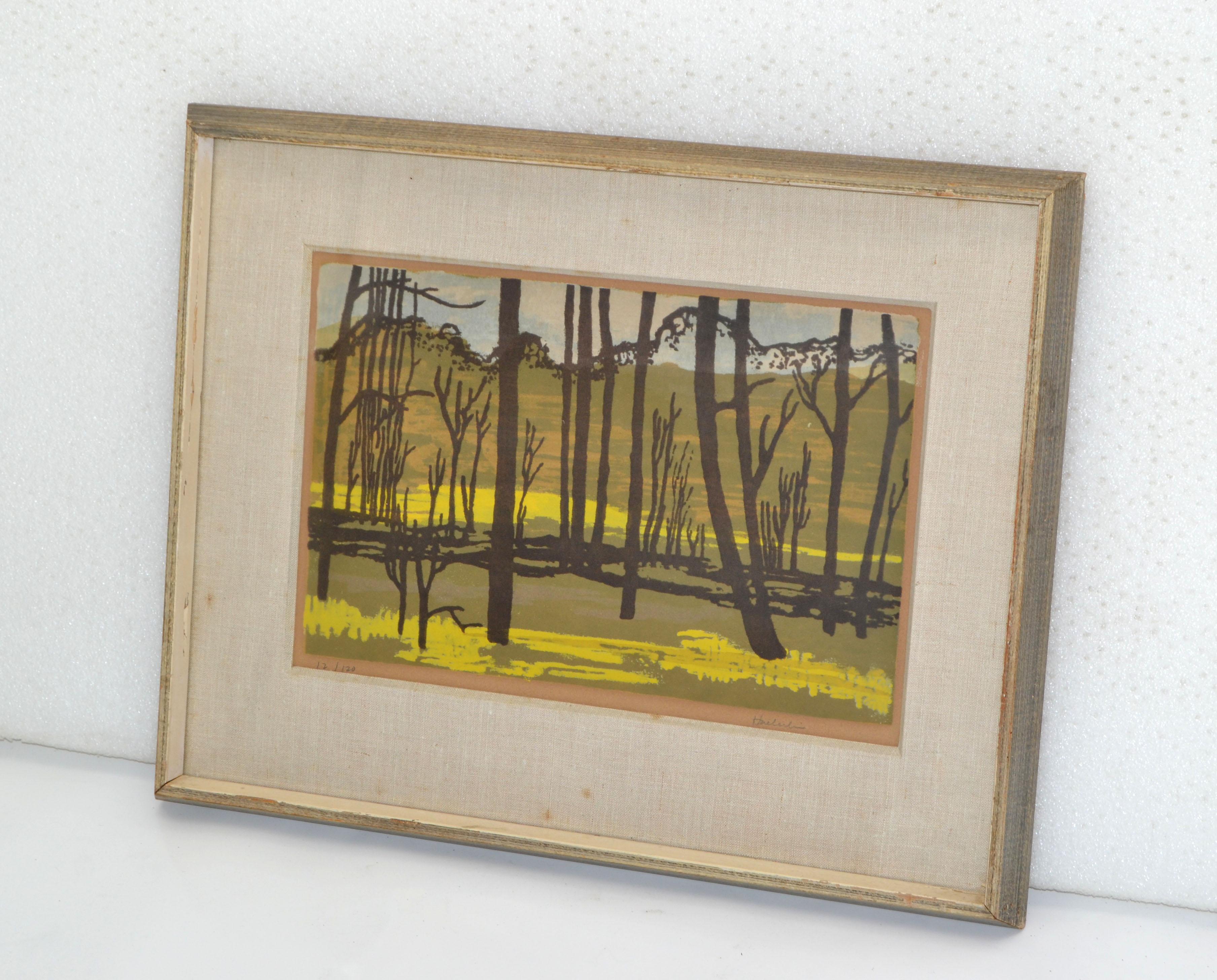 Uruguayen Peinture américaine vintage sur toile encadrée dorée représentant une scène de paysage signée Huerlin en vente